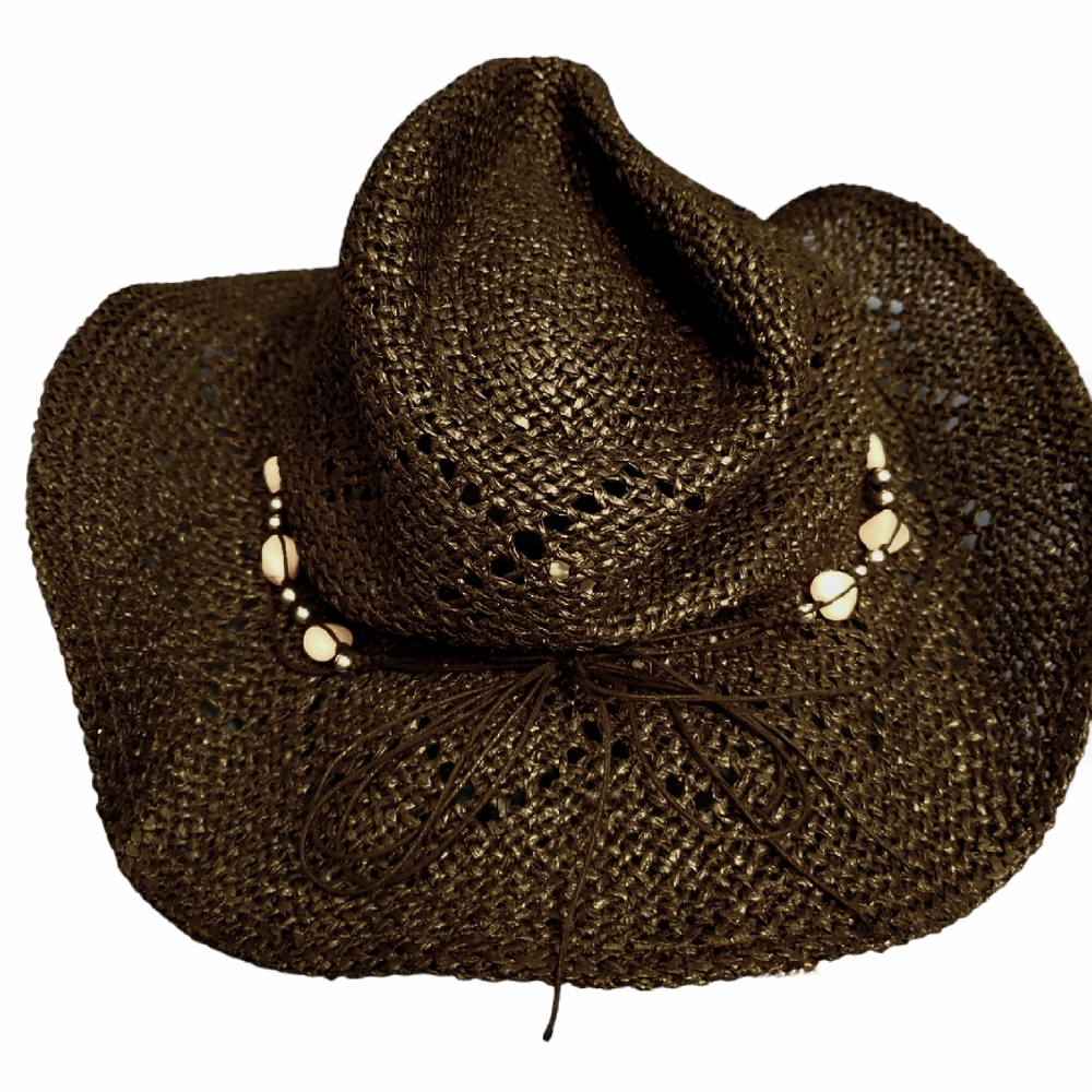 NWOT Black w/White Stones Straw Cowgirl/Cowboy Hat - Picture 2 of 3